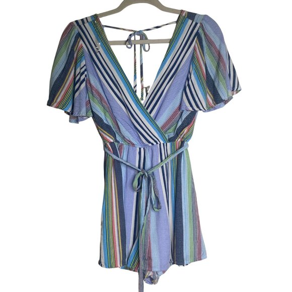 Striped V-Neck Tie-Back Romper Size S Flutter Sleeves Waist Sash - Picture 2 of 9